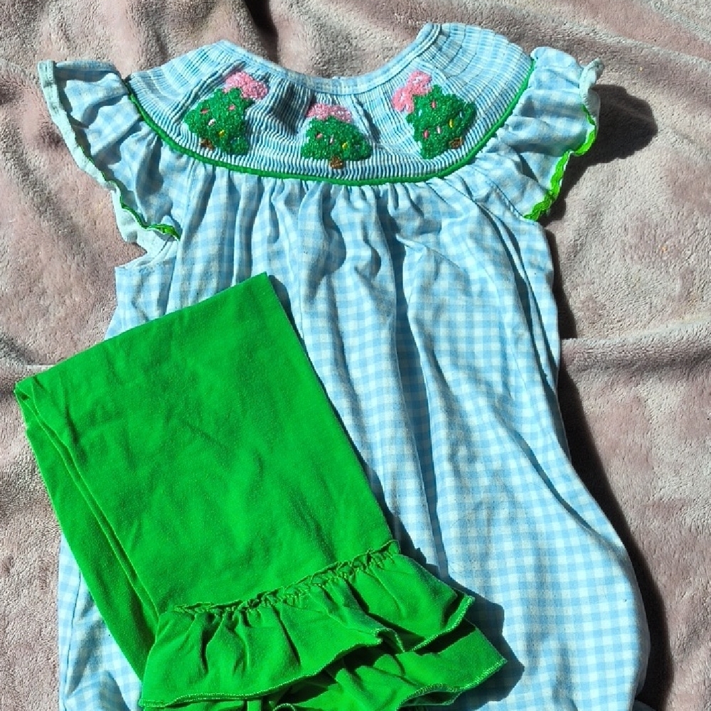 Blue Gingham Dress with Green Leggings